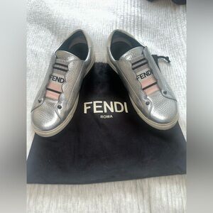 Fendi Silver Metallic Knit Logo Sneakers